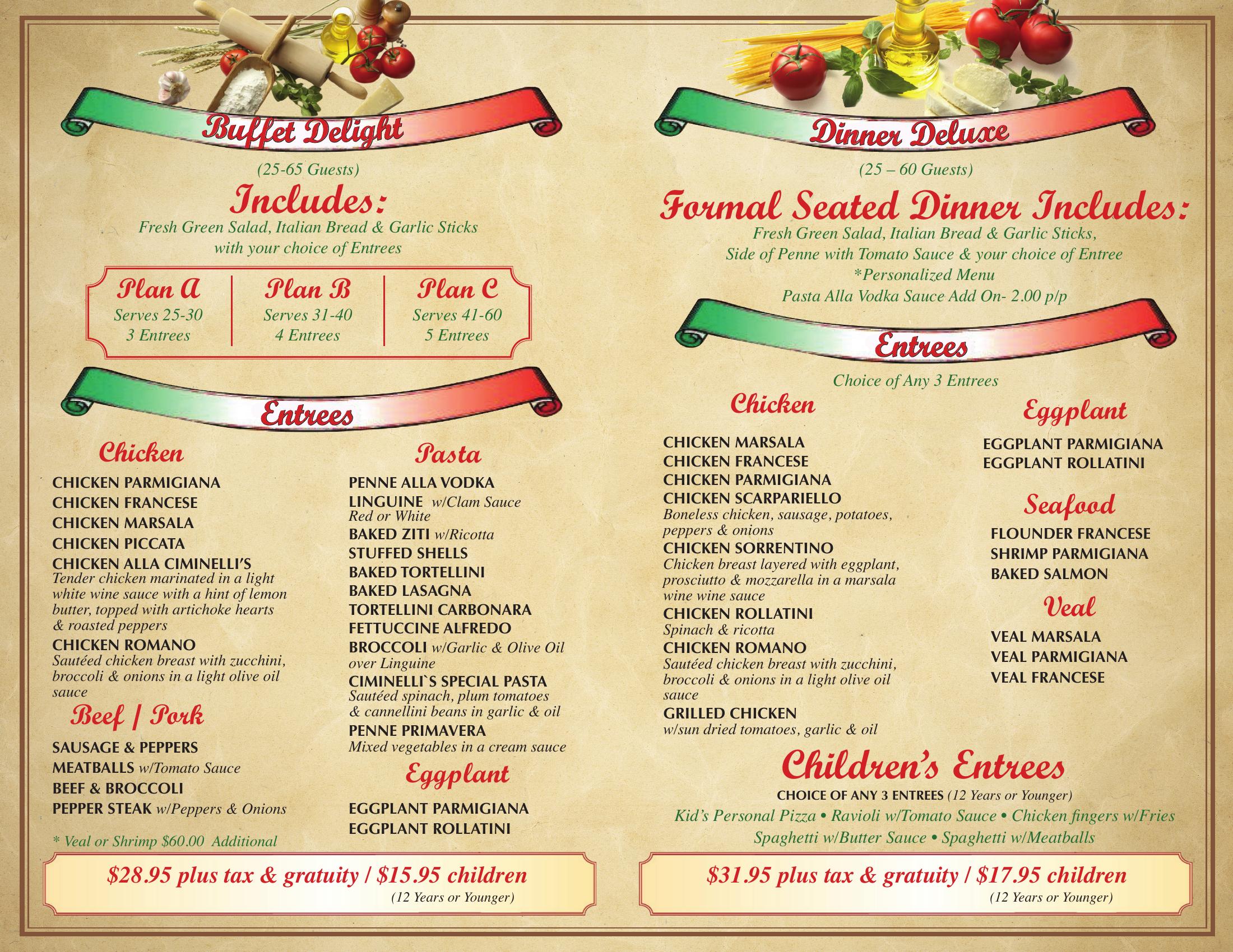 Ciminelli's on-premises catering menu with Buffet Delight and Dinner Deluxe packages, entree options, and children's menu