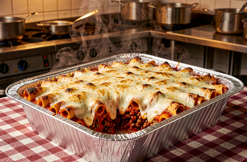 Bubbly baked ziti fresh from the oven in an aluminum catering tray