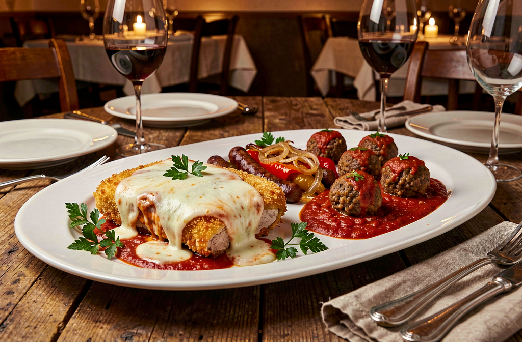 Veal parmigiana with melted mozzarella and meatballs in marinara sauce