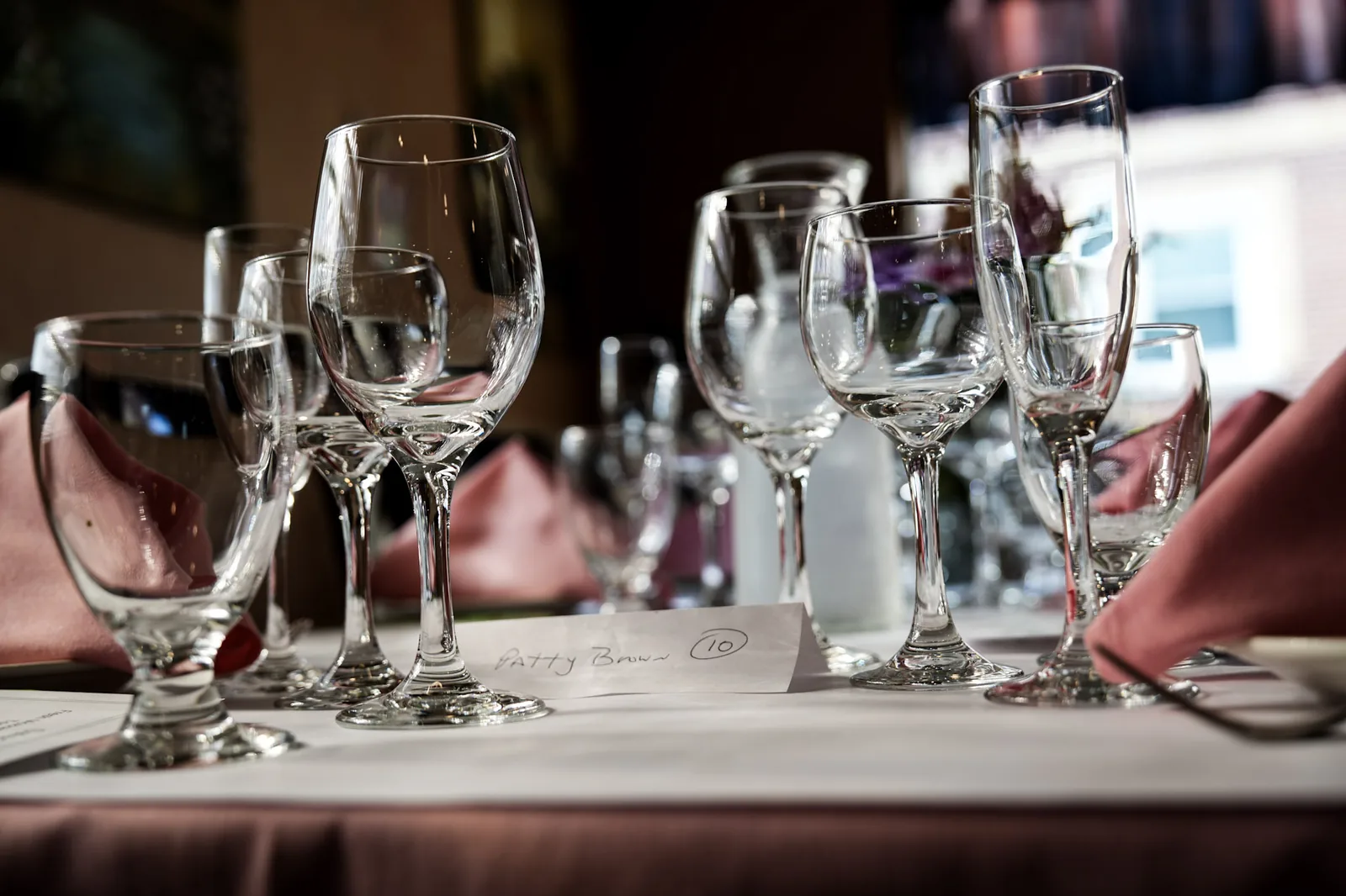 Wine glasses set on a table at Ciminelli's Pizzeria in Bethpage